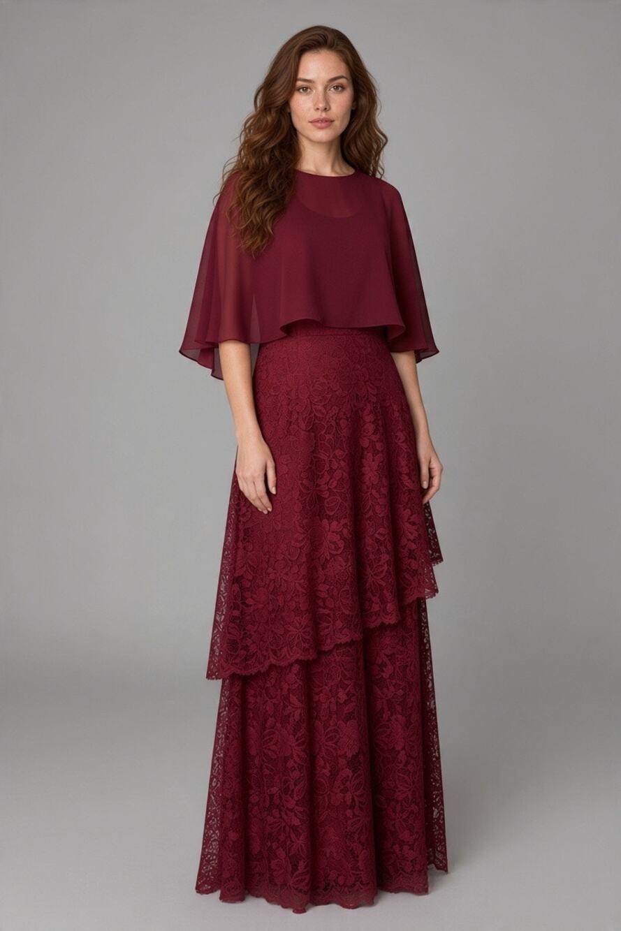 Pinup Fashion Burgundy Lace Cape Formal Dress Size 16 Mother of Bride Long